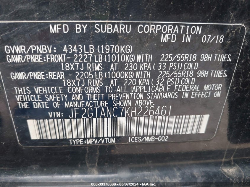 VIN JF2GTANC7KH226461 2019 SUBARU CROSSTREK 2.0I LIMITED