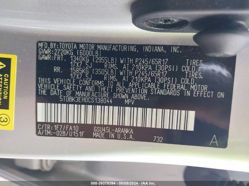 2012 Toyota Highlander Base V6 VIN: 5TDBK3EH0CS138044 Lot: 39378394