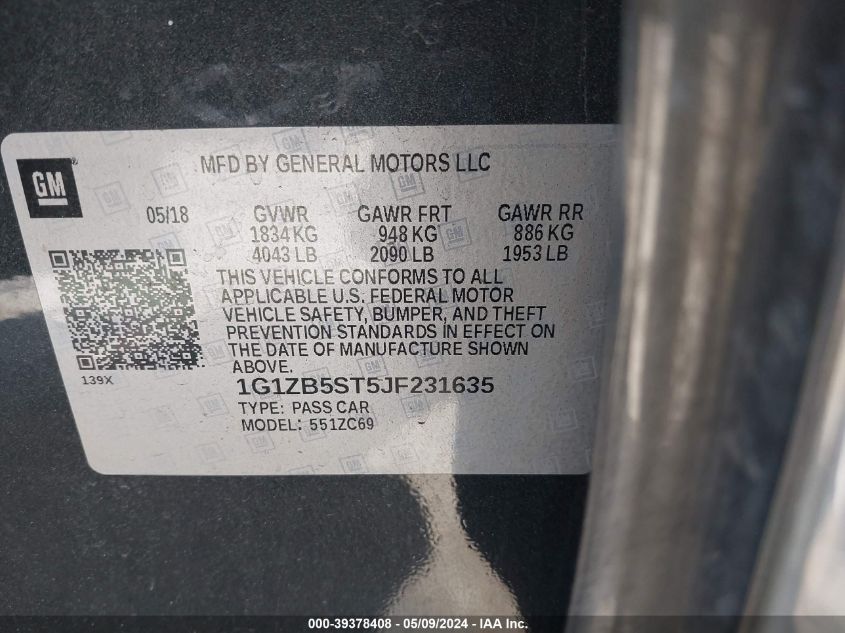 2018 Chevrolet Malibu 1Ls VIN: 1G1ZB5ST5JF231635 Lot: 39378408