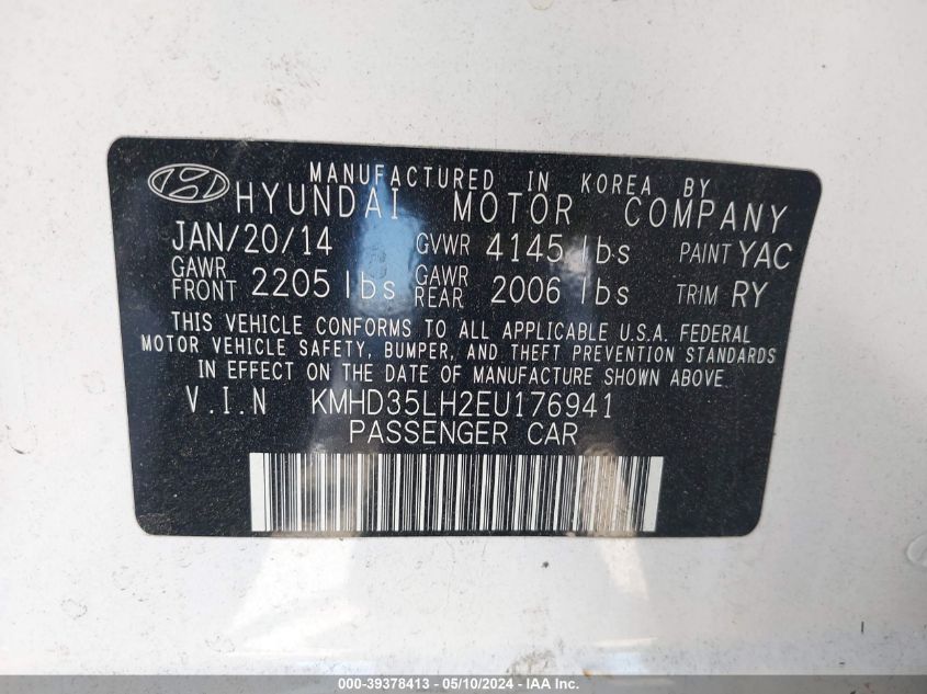 2014 Hyundai Elantra Gt VIN: KMHD35LH2EU176941 Lot: 39378413