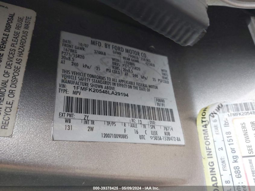 2008 Ford Expedition El Limited VIN: 1FMFK20548LA29194 Lot: 39378425