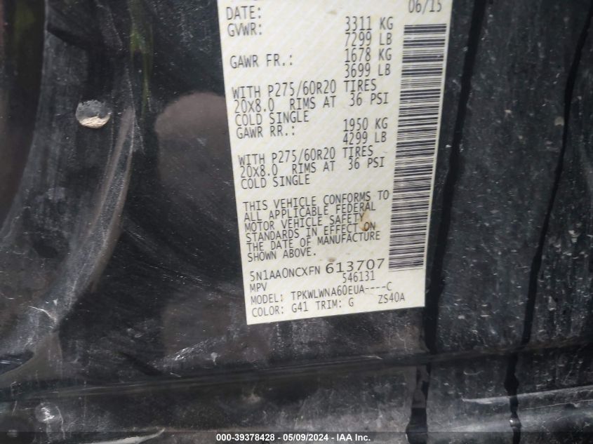 2015 Nissan Armada Platinum VIN: 5N1AA0NCXFN613707 Lot: 39378428