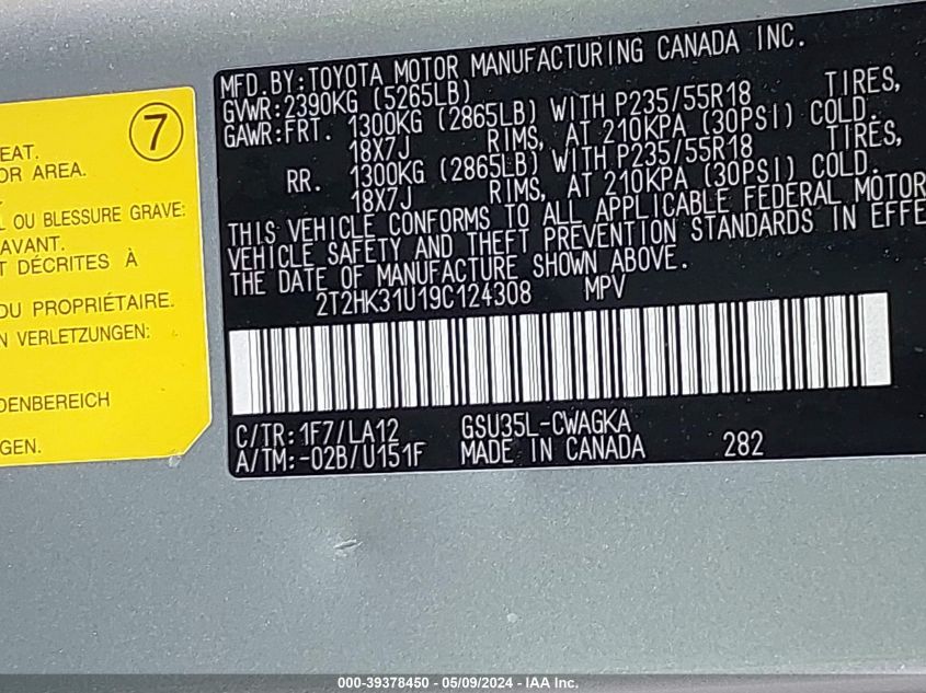 2009 Lexus Rx 350 VIN: 2T2HK31U19C124308 Lot: 39378450