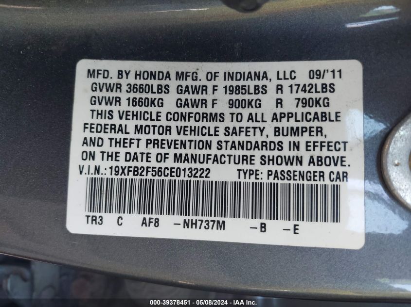 2012 Honda Civic Lx VIN: 19XFB2F56CE013222 Lot: 39378451