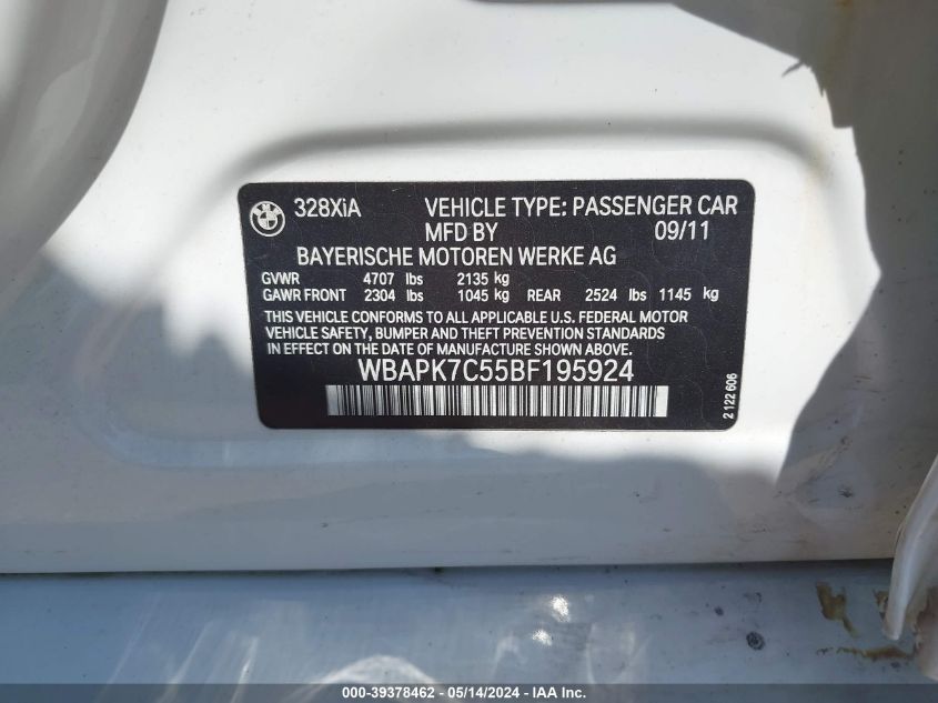 2011 BMW 328I xDrive VIN: WBAPK7C55BF195924 Lot: 39378462