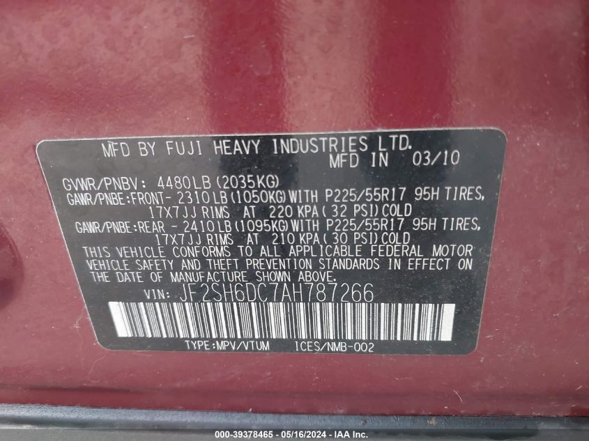 2010 Subaru Forester 2.5X Limited VIN: JF2SH6DC7AH787266 Lot: 39378465