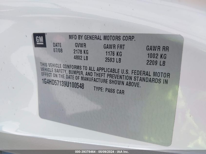 2009 Buick Lucerne Cxl VIN: 1G4HD57139U100548 Lot: 39378464