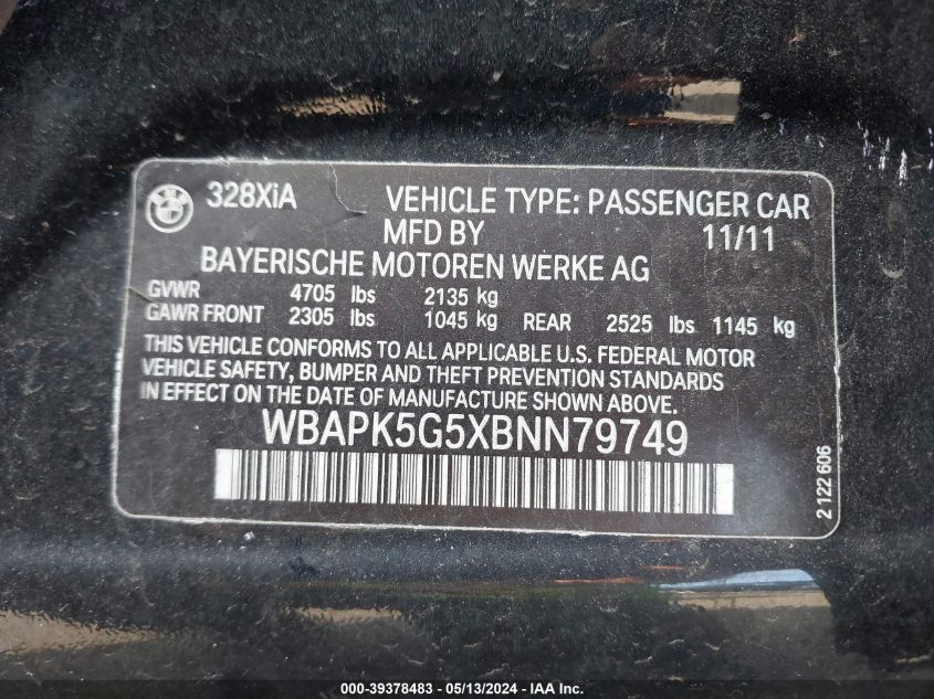 2011 BMW 328I xDrive VIN: WBAPK5G5XBNN79749 Lot: 39378483