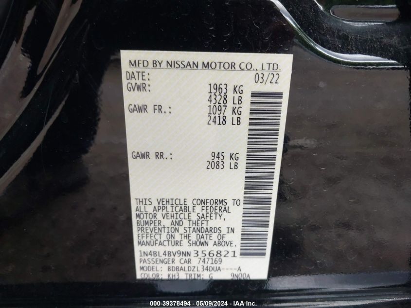 2022 Nissan Altima S Fwd VIN: 1N4BL4BV9NN356821 Lot: 39378494