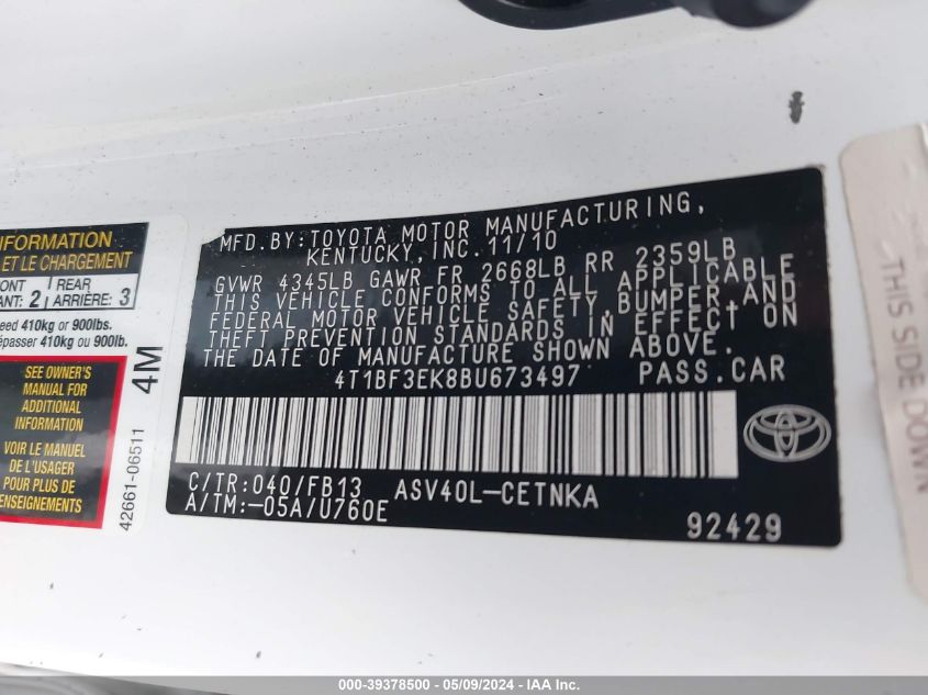 2011 Toyota Camry Le VIN: 4T1BF3EK8BU673497 Lot: 39378500