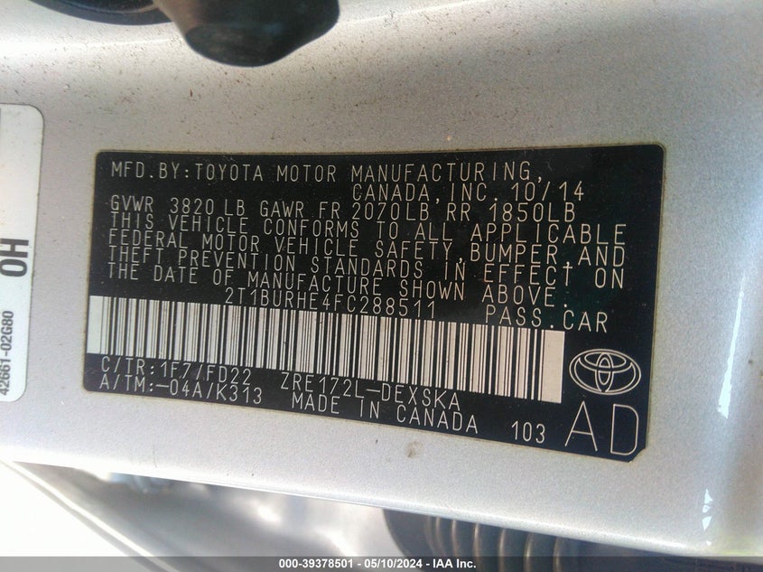 2015 TOYOTA COROLLA S PLUS - 2T1BURHE4FC288511