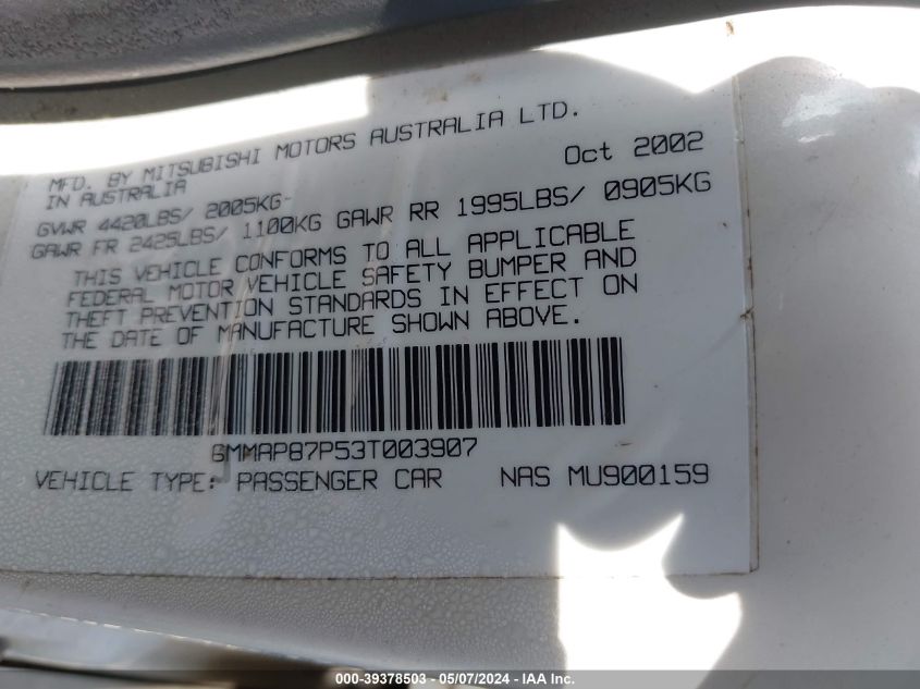 2003 Mitsubishi Diamante Vr-X VIN: 6MMAP87P53T003907 Lot: 39378503