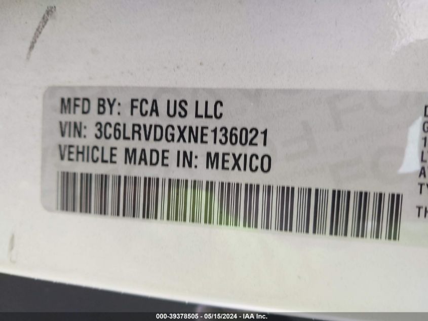 2022 Ram Promaster 2500 High Roof 159 Wb VIN: 3C6LRVDGXNE136021 Lot: 39378505