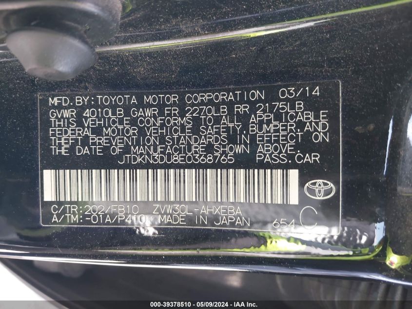 2014 Toyota Prius Five/Four/Three/Two VIN: JTDKN3DU8E0368765 Lot: 39378510