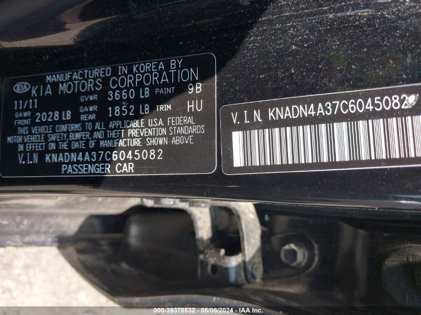 2012 Kia Rio Sx VIN: KNADN4A37C6045082 Lot: 39378532