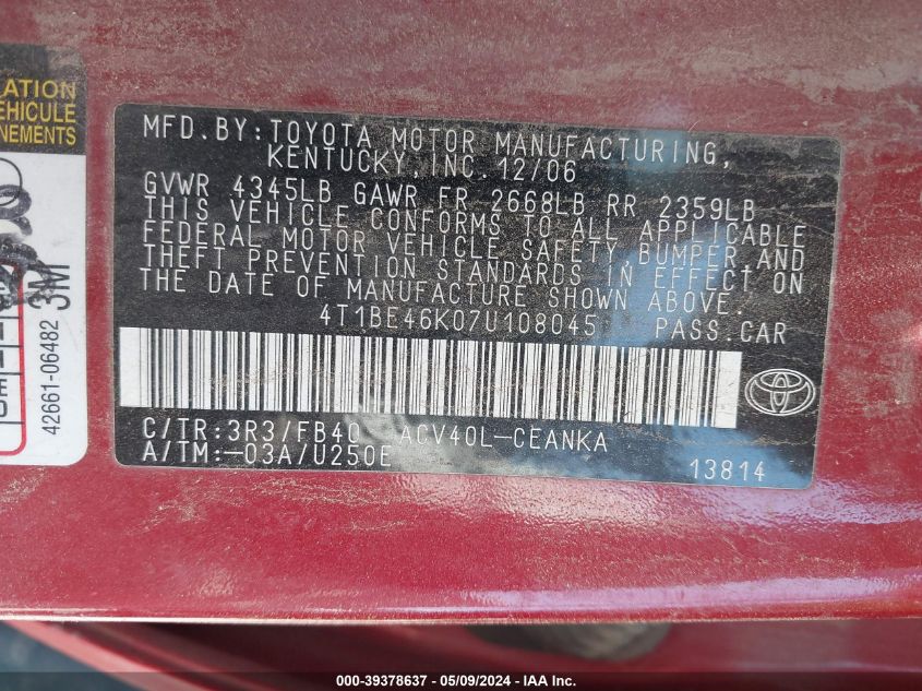 2007 Toyota Camry Le VIN: 4T1BE46K07U108045 Lot: 39378637