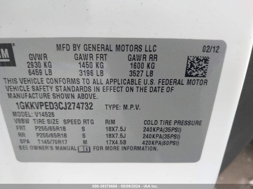 2012 GMC Acadia Sle VIN: 1GKKVPED3CJ274732 Lot: 39378668