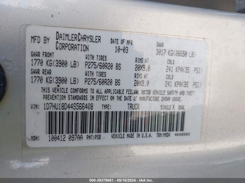 2004 Dodge Ram 1500 Slt/Laramie VIN: 1D7HU18D44S566408 Lot: 39378681