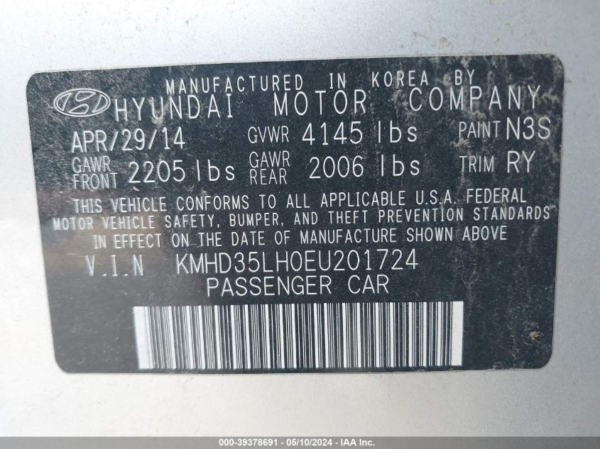 2014 Hyundai Elantra Gt VIN: KMHD35LH0EU201724 Lot: 39378691