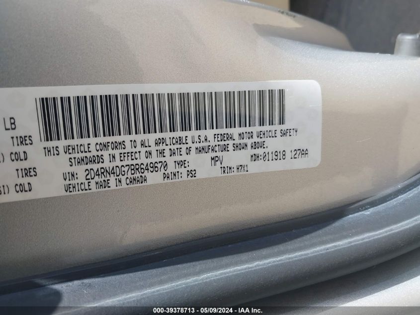 2011 Dodge Grand Caravan Express VIN: 2D4RN4DG7BR649670 Lot: 39378713