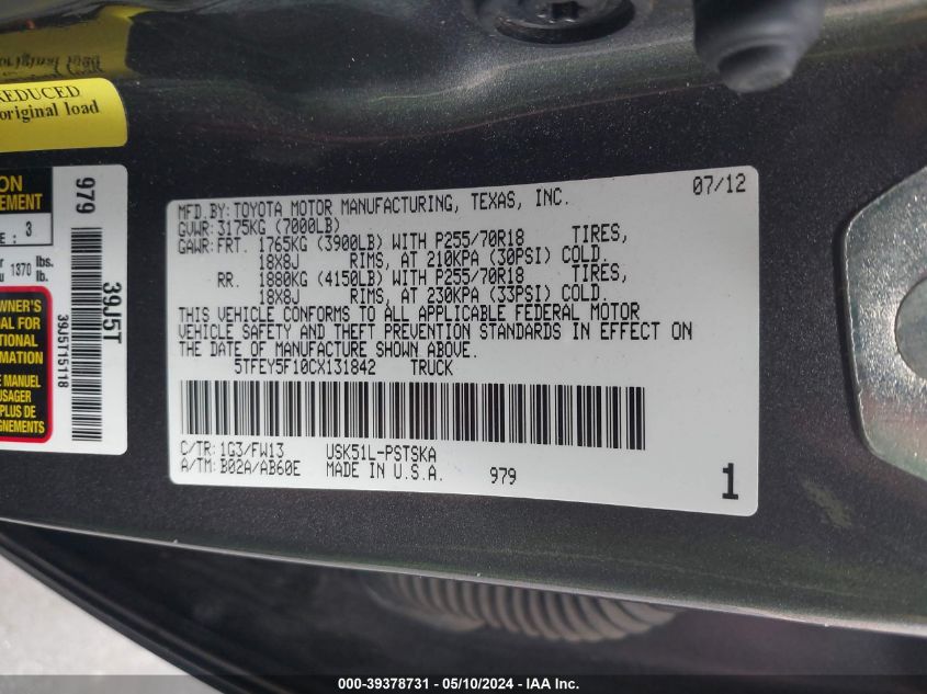 2012 Toyota Tundra Grade 5.7L V8 VIN: 5TFEY5F10CX131842 Lot: 39378731