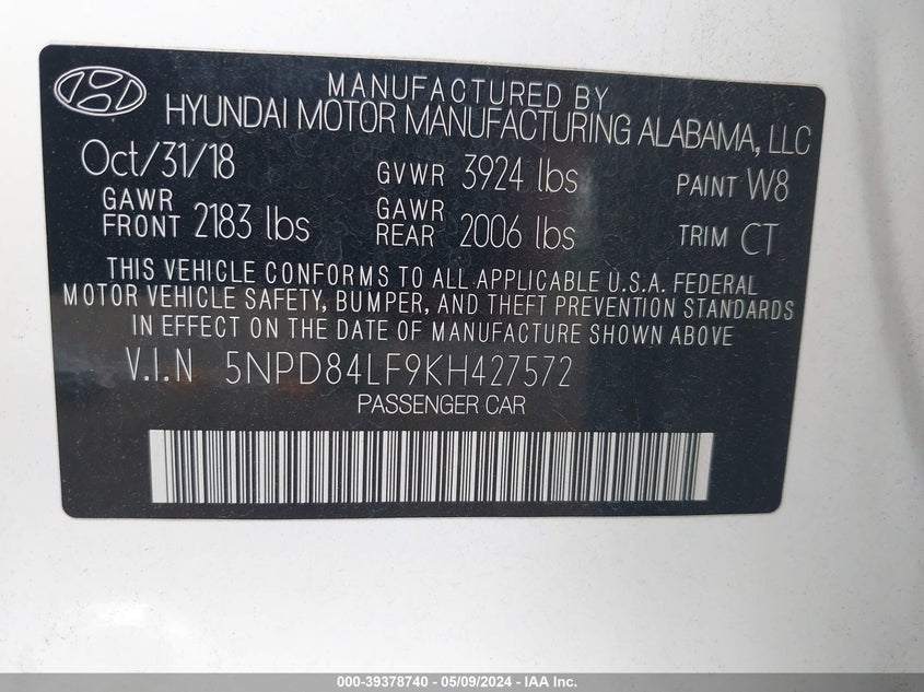 VIN 5NPD84LF9KH427572 2019 HYUNDAI ELANTRA SEL