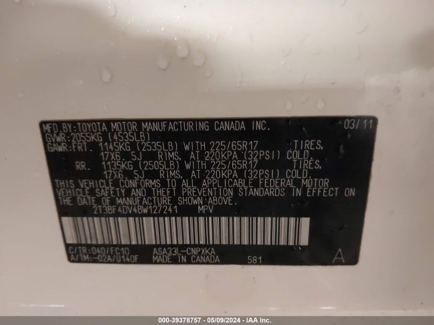 2011 Toyota Rav4 VIN: 2T3BF4DV4BW127241 Lot: 39378757