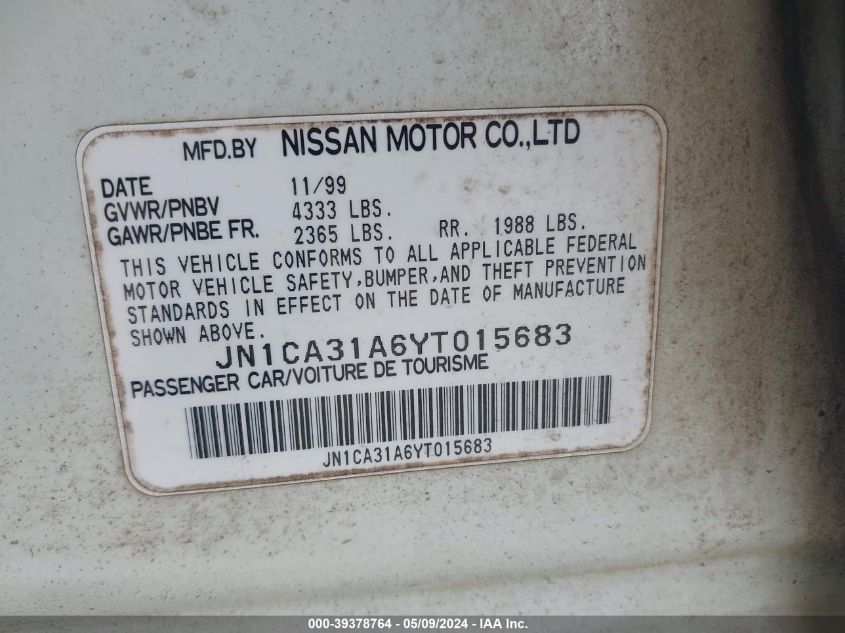 2000 Nissan Maxima Gle/Gxe/Se VIN: JN1CA31A6YT015683 Lot: 39378764