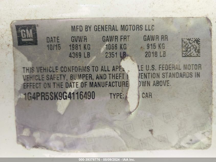 1G4PR5SK9G4116490 2016 Buick Verano Convenience Group