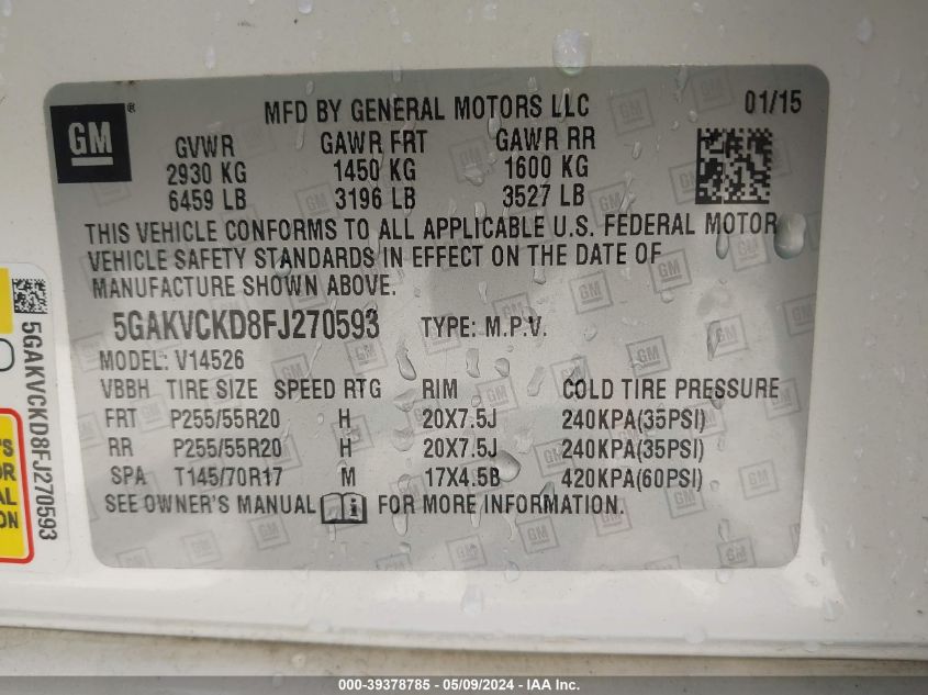 2015 Buick Enclave Premium VIN: 5GAKVCKD8FJ270593 Lot: 39378785