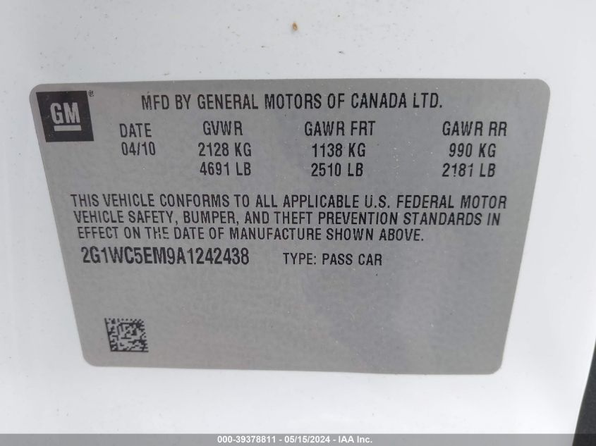 2010 Chevrolet Impala Ltz VIN: 2G1WC5EM9A1242438 Lot: 39378811