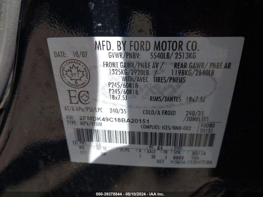 2008 Ford Edge Limited VIN: 2FMDK49C18BA20151 Lot: 39378844