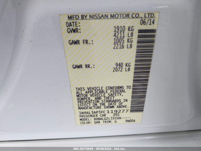 2015 Nissan Altima 2.5 S VIN: 1N4AL3AP3FC119277 Lot: 39378849