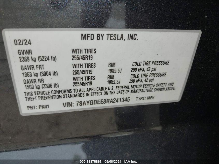 2024 Tesla Model Y Long Range Dual Motor All-Wheel Drive VIN: 7SAYGDEE8RA241345 Lot: 39378868