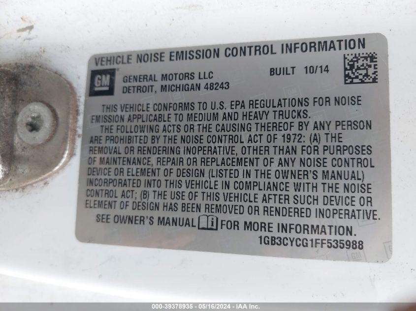 2015 Chevrolet Silverado 3500Hd Chassis Wt VIN: 1GB3CYCG1FF535988 Lot: 39378935