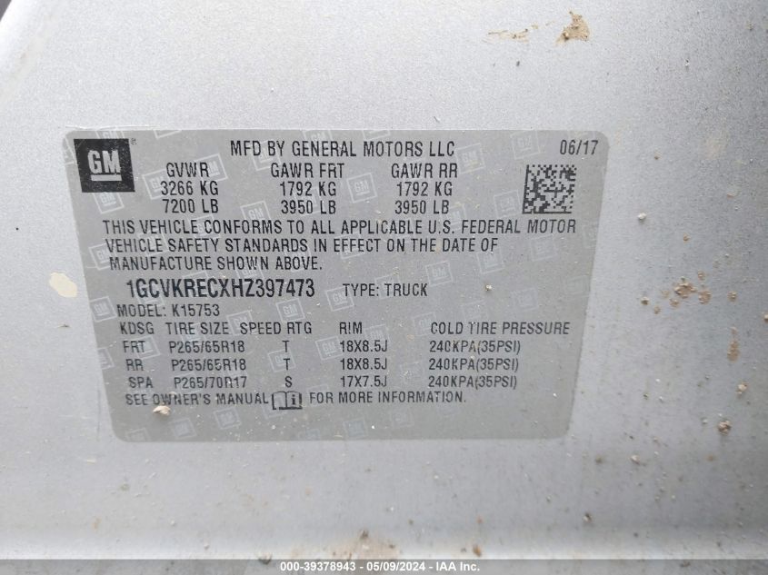 2017 Chevrolet Silverado 1500 1Lt VIN: 1GCVKRECXHZ397473 Lot: 39378943