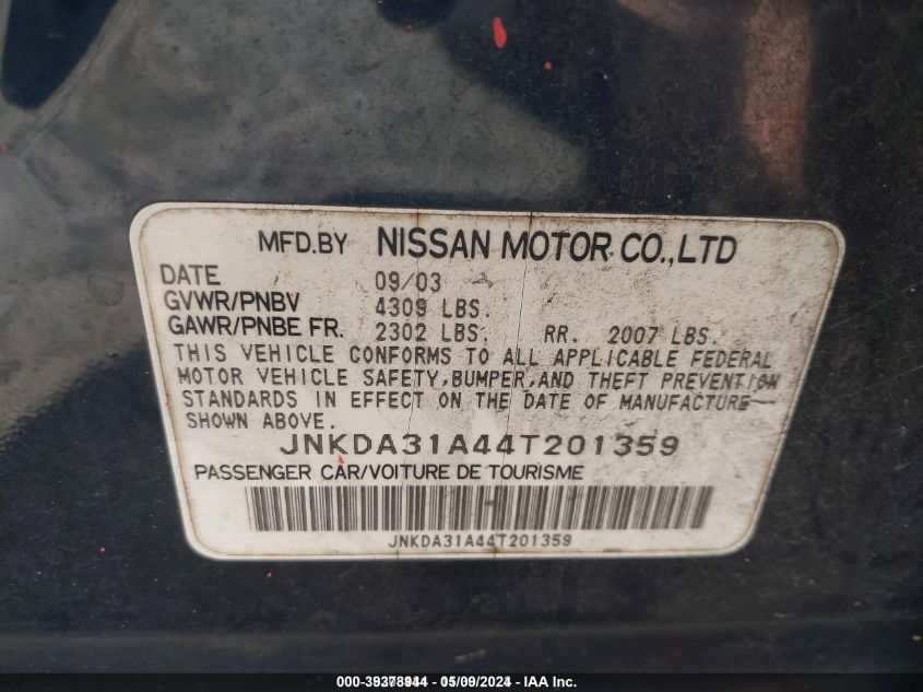 2004 Infiniti I35 Luxury VIN: JNKDA31A44T201359 Lot: 39378944