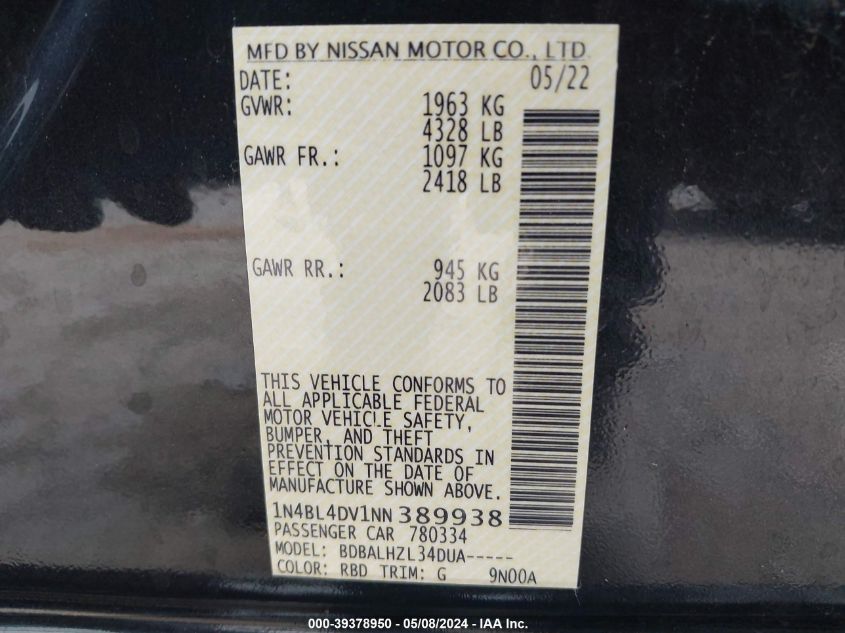 2022 Nissan Altima Sv Fwd VIN: 1N4BL4DV1NN389938 Lot: 39378950