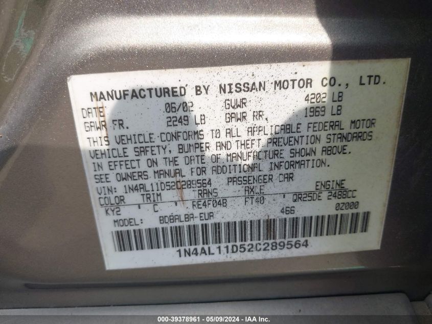 2002 Nissan Altima 2.5 S VIN: 1N4AL11D52C289564 Lot: 39378961