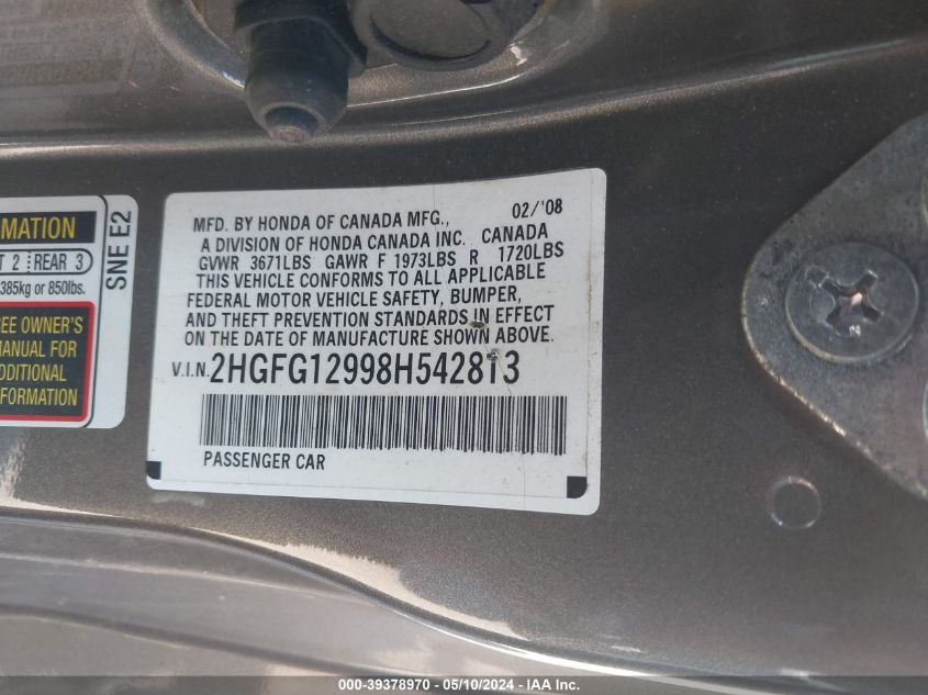 2008 Honda Civic Ex-L VIN: 2HGFG12998H542813 Lot: 39378970