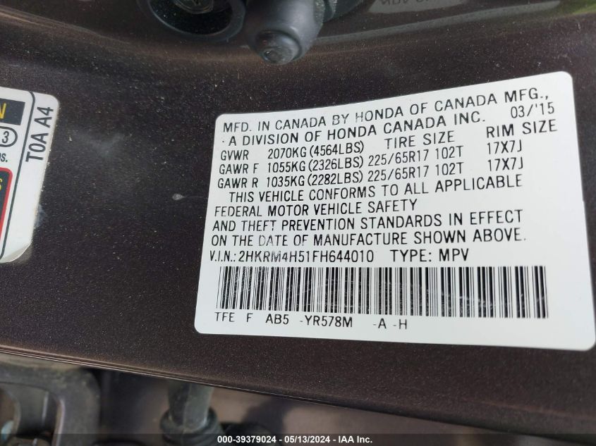 2015 Honda Cr-V Ex VIN: 2HKRM4H51FH644010 Lot: 39379024