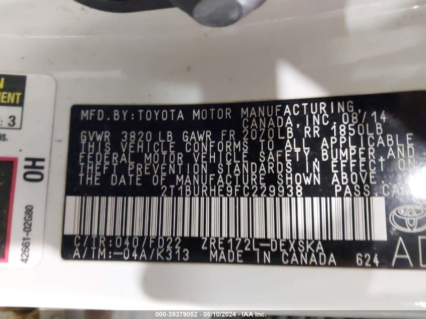 2015 Toyota Corolla S Plus VIN: 2T1BURHE9FC229938 Lot: 39379052