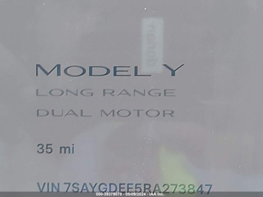 2024 Tesla Model Y Long Range Dual Motor All-Wheel Drive VIN: 7SAYGDEE5RA273847 Lot: 39379078