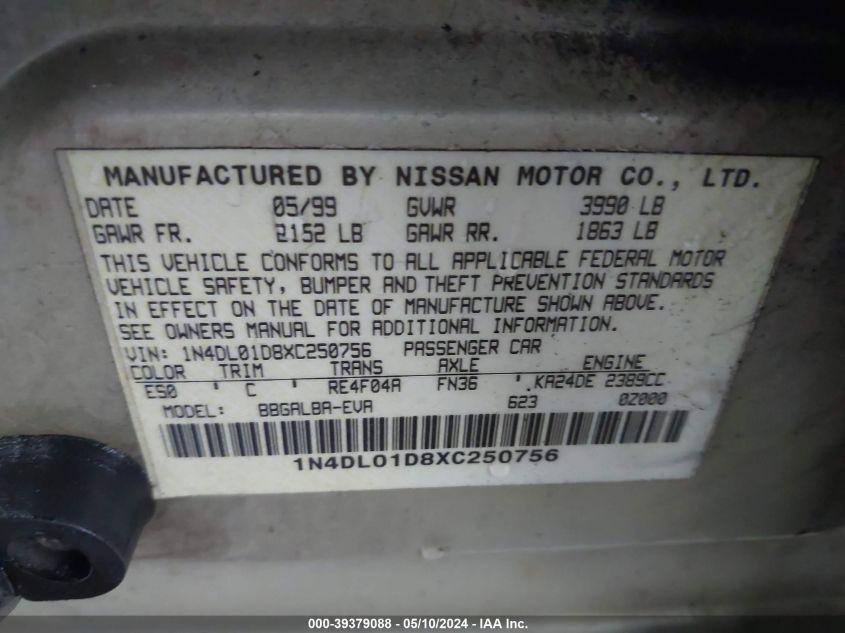 1999 Nissan Altima Gle/Gxe/Se/Se-L/Xe VIN: 1N4DL01D8XC250756 Lot: 39379088