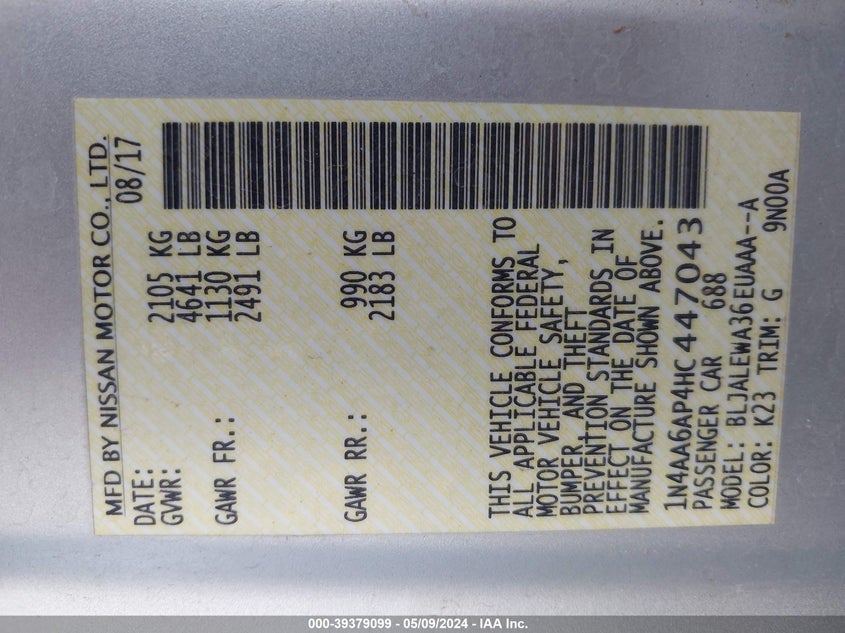 2017 NISSAN MAXIMA 3.5S/SV/SL/SR/PLAT - 111N4AA6AP4HC4470