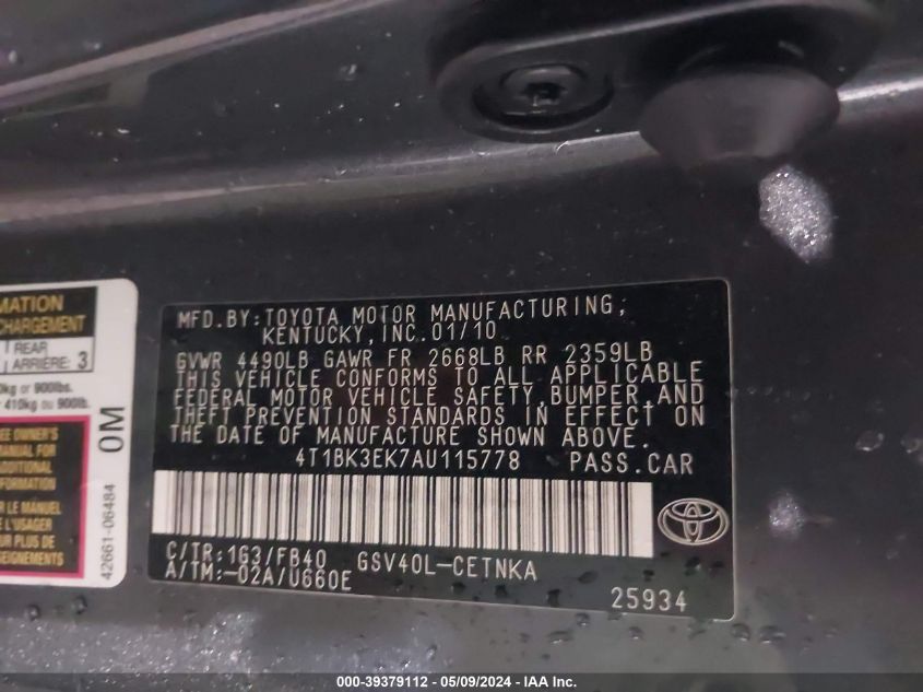 2010 Toyota Camry Le V6 VIN: 4T1BK3EK7AU115778 Lot: 39379112