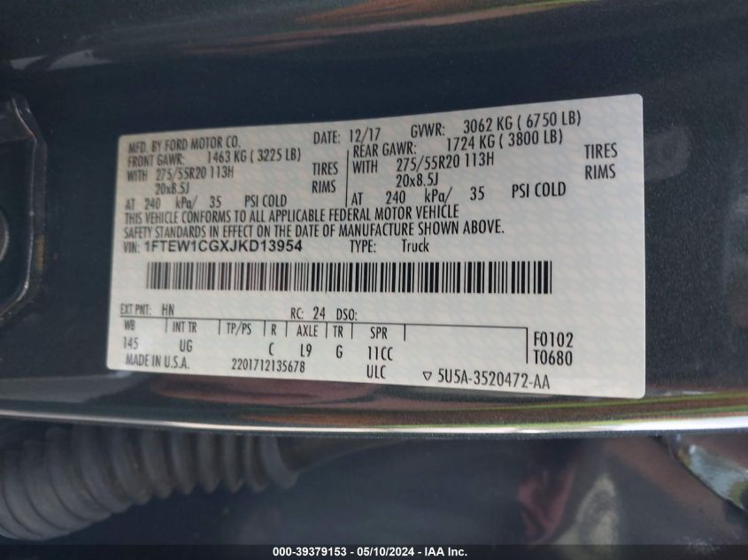 2018 Ford F-150 Xlt VIN: 1FTEW1CGXJKD13954 Lot: 39379153