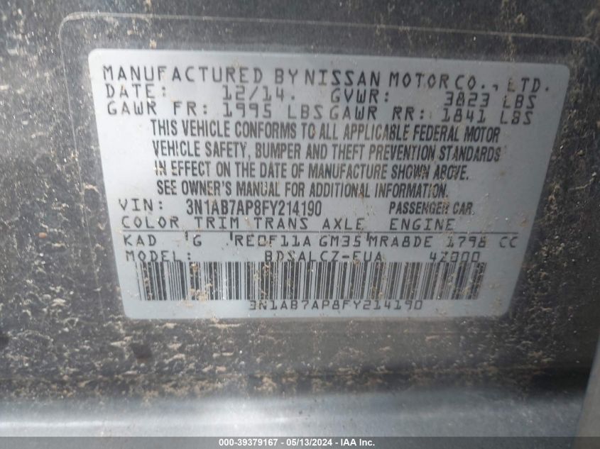 2015 Nissan Sentra S VIN: 3N1AB7AP8FY214190 Lot: 39379167