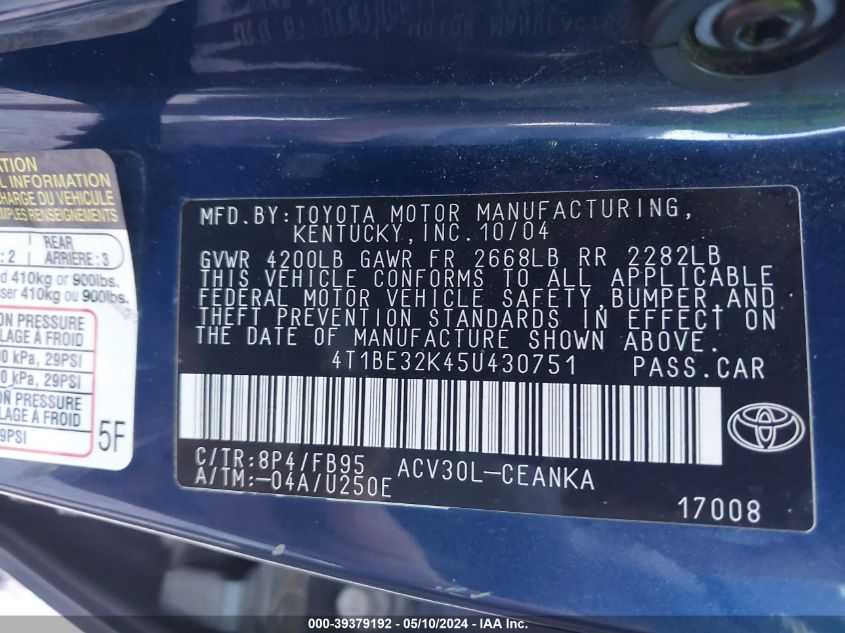 2005 Toyota Camry Le VIN: 4T1BE32K45U430751 Lot: 39379192