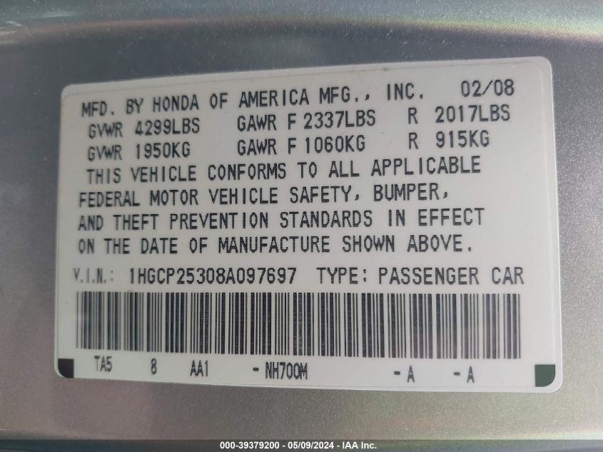 2008 Honda Accord 2.4 Lx VIN: 1HGCP25308A097697 Lot: 39379200